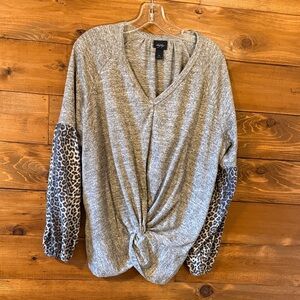 Joy Joy Gray V-Neck Knot Front Top with Leopard Sleeve Accents